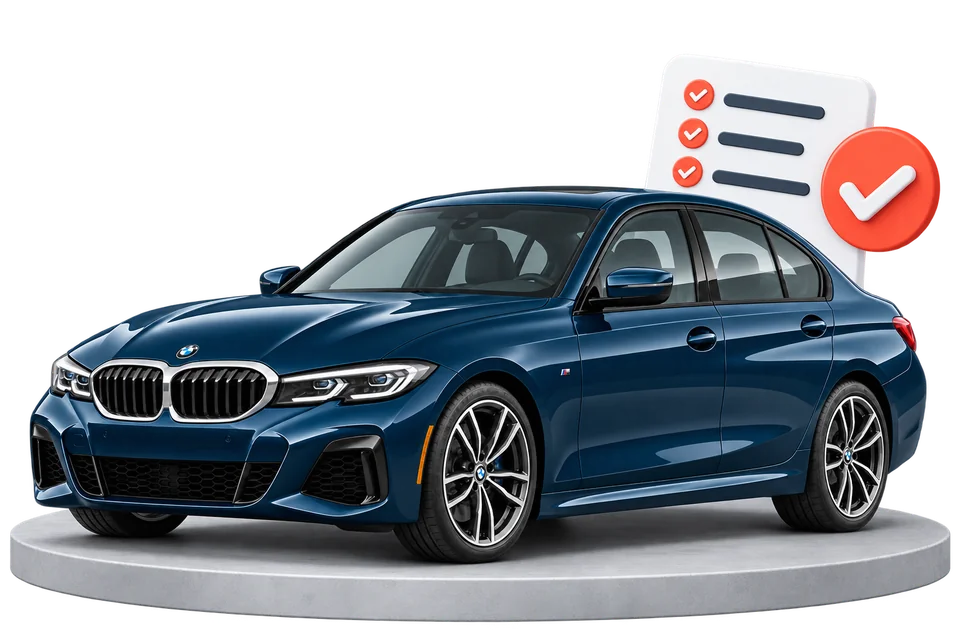 BMW bleue sur une plateforme à côté d’une liste de vérifications